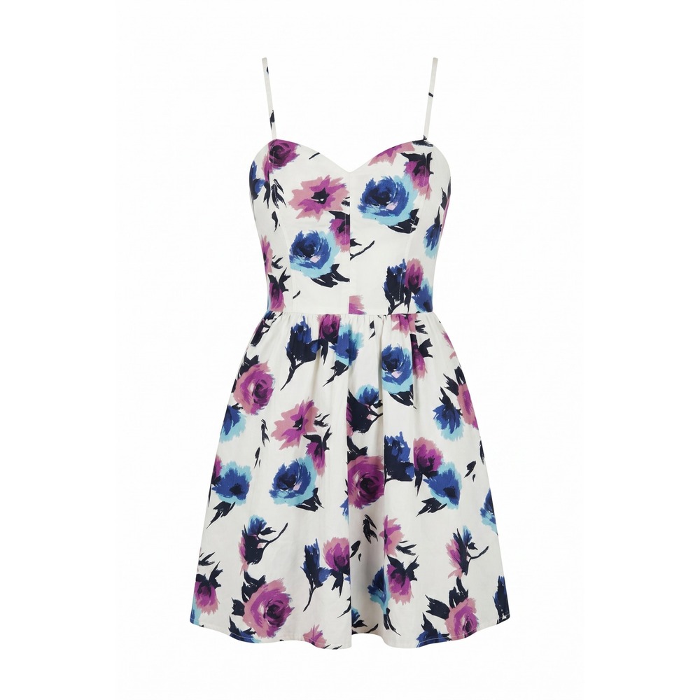 Forever 21 Floral Mini Dress Sweetheart Neckline Purple Blue‎ Rose Print Skater